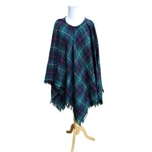 Vintage The Complex Wool Blend Cape Poncho Green Black Tartan Plaid Fringe OS